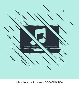 Black Laptop with music note symbol on screen icon isolated on green background. Glitch style. Vector Illustration