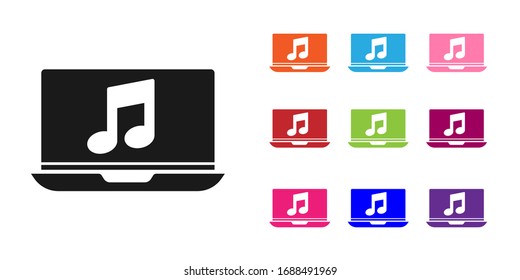 Black Laptop with music note symbol on screen icon isolated on white background. Set icons colorful. Vector Illustration