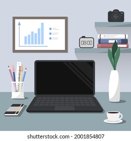 black laptop with office object on grey wall background. flat vector, illustration design of work space.