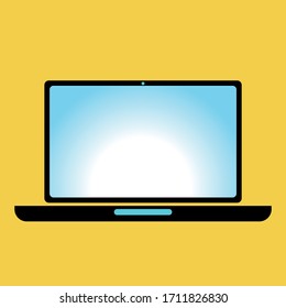 The black laptop on a orange background in flat style