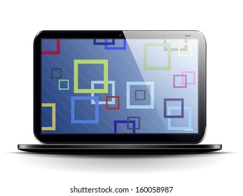 black laptop on a white background with an abstract background on the screen