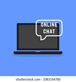 black laptop with online chatting. concept of customer or client live support like hotline service. cartoon style trend modern simple e-learning logo graphic art design isolated on background