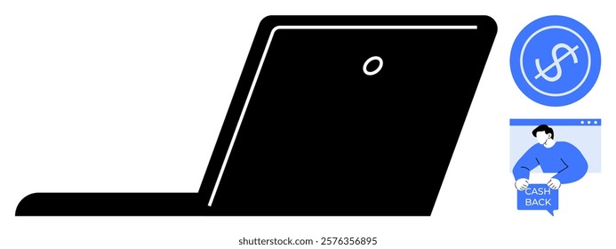 A black laptop is open with a focus on cashback. A blue dollar symbol and an illustration of a man holding a cashback sign are present. Ideal for e-commerce, shopping, cashback, online deals, finance