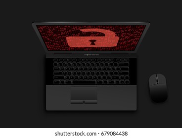Black laptop and open transparent lock on red cyber digital code background. Undefended computer internet notebook data security technology. No antivirus safety