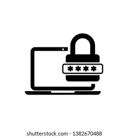 Black Laptop with password notification and lock icon isolated. Concept of security, personal access, user authorization, login form. Vector Illustration