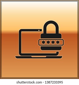 Black Laptop with password notification and lock icon isolated on gold background. Concept of security, personal access, user authorization, login form. Vector Illustration