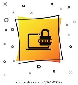 Black Laptop with password notification and lock icon isolated on white background. Concept of security, personal access, user authorization, login form. Yellow square button. Vector Illustration