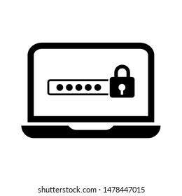 Black Laptop with password notification and lock icon isolated. Concept of security, personal access, user authorization, login form. 
