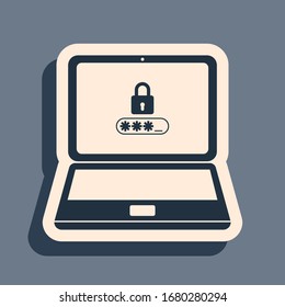 Black Laptop with password notification and lock icon isolated on grey background. Concept of security, personal access, user authorization, login form. Long shadow style. Vector Illustration