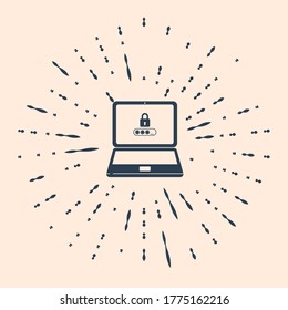 Black Laptop with password notification and lock icon on beige background. Concept of security, personal access, user authorization, login form. Abstract circle random dots. Vector Illustration