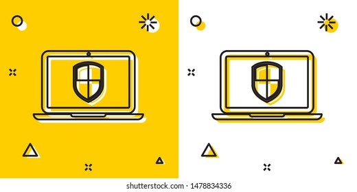 Black Laptop protected with shield icon isolated on yellow and white background. Internet security. PC security, firewall technology, privacy safety. Random dynamic shapes. Vector Illustration