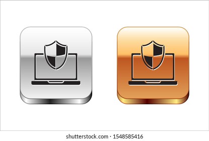 Black Laptop protected with shield icon isolated on white background. PC security, firewall technology, privacy safety. Silver-gold square button. Vector Illustration