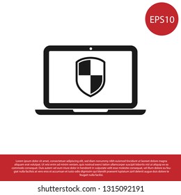Black Laptop protected with shield symbol icon isolated on white background. Internet security concept. PC security, firewall technology, privacy safety. Vector Illustration