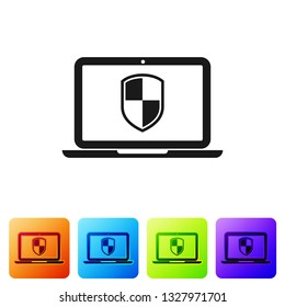 Black Laptop protected with shield symbol icon on white background. Internet security concept.  