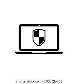 Black Laptop protected with shield symbol icon isolated on white background. Internet security concept. PC security, firewall technology, privacy safety. Vector Illustration