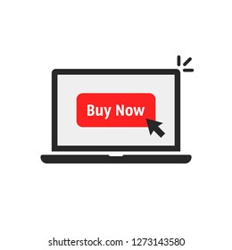 black laptop with red buy now button. flat simple cpc logotype graphic design isolated on white background. concept of client making easy decision or pre-order and badge for online store or e-commerce