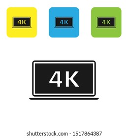 Black Laptop screen with 4k video technology icon isolated on white background. Set icons colorful square buttons. Vector Illustration