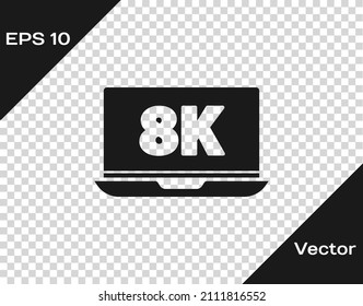 Black Laptop screen with 8k video technology icon isolated on transparent background.  Vector