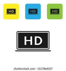 Black Laptop screen with HD video technology icon isolated on white background. Set icons colorful square buttons. Vector Illustration