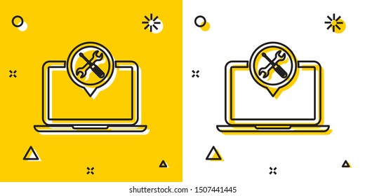 Black Laptop with screwdriver and wrench icon isolated on yellow and white background. Adjusting, service, setting, maintenance, repair, fixing. Random dynamic shapes. Vector Illustration