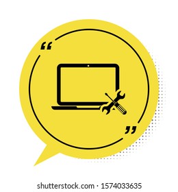 Black Laptop with screwdriver and wrench icon isolated on white background. Adjusting, service, setting, maintenance, repair, fixing. Yellow speech bubble symbol. Vector Illustration