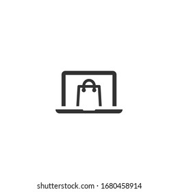 Black laptop with shopping bag on screen. Flat vector simple icon. web shopping illustation. Internet shop symbol. Online store. Home delivery. Good for web and mobile design. blue background