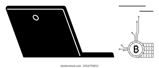 Black laptop silhouette with prominent Bitcoin symbol emerging from right side. Ideal for technology, cryptocurrency, blockchain, finance, digital economy. Minimalist, modern, clean style