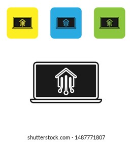 Black Laptop with smart home icon isolated on white background. Remote control. Set icons colorful square buttons. Vector Illustration