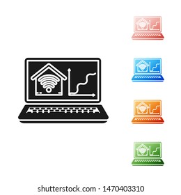 Black Laptop with smart home with wi-fi icon isolated on white background. Remote control. Set icons colorful. Vector Illustration