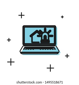 Black Laptop with smart house and alarm icon isolated on white background. Security system of smart home.  Vector Illustration