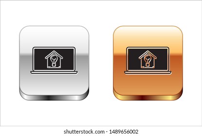 Black Laptop with smart house and light bulb icon isolated on white background. Silver-gold square button. Vector Illustration