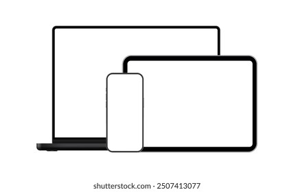 Black Laptop With Smartphone And Tablet Computer. Devices Mockups WIth Blank Screens. Vector Illustration