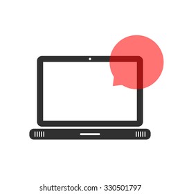 black laptop with speech bubble. concept of online communion, voicemail, chat application, voice assistant. isolated on white background. flat style trend modern logotype design vector illustration