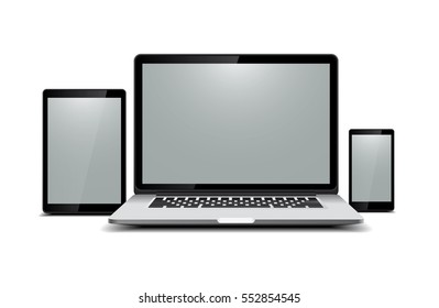 Black laptop, tablet, phone on white background