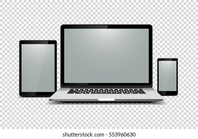 Black laptop, tablet, phone on transparent background