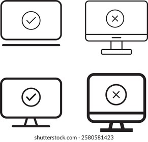 Black laptop with tick and cross icons, isolated tablet and laptop symbol collection
