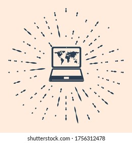 Black Laptop with world map on screen icon isolated on beige background. World map geography symbol. Abstract circle random dots. Vector Illustration