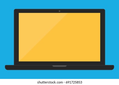 Black laptop with yellow screen style on blue background. Black color laptop front view. Flat style laptop vector eps10
