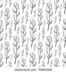 black large contoured feathers. Vertical seamless pattern.doodle