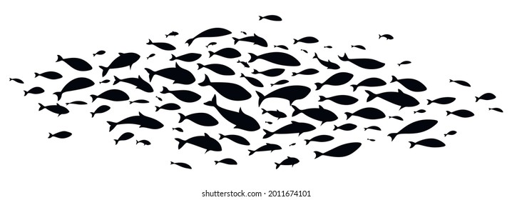 Black large flock of fish. School of fish. Vector illustration.