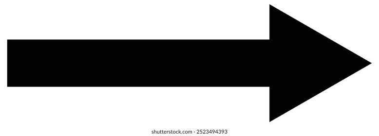 Black large right pointing solid long arrow icon sketched as vector symbol. Thin black arrow pointing right. Long, straight line arrow icon in white.