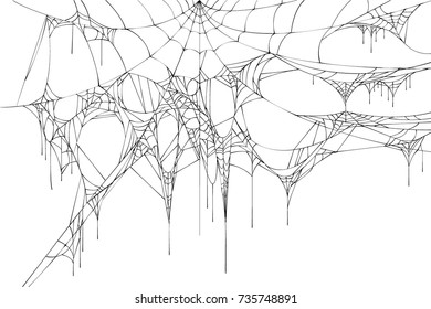 Black large torn spider web on white background. Halloween symbol accessory vector illustration