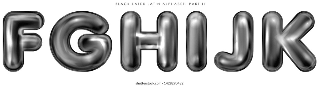 Black latex inflated alphabet symbols, isolated letters F-G-H-I-J-K