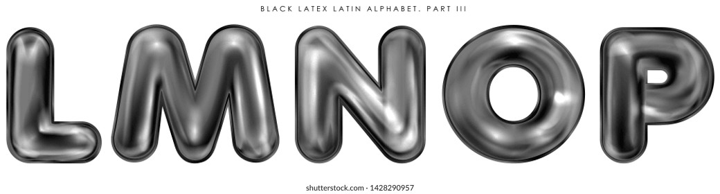 Black latex inflated alphabet symbols, isolated letters L-M-N-O-P