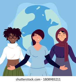 black latin and muslim women cartoons with world sphere design, diversity multicultural friends and multiethnic theme Vector illustration