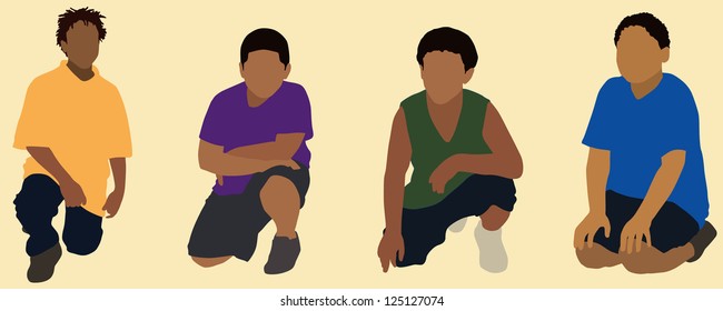 Black or Latino boys squatting or kneeling