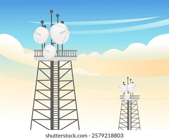 Black lattice broadcasting tower with massive satellite dishes. Signal relay mast with large antennas. Transmission tower for communication. High-standing broadcast pylon. Vector illustration