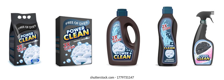 Black laundry detergent pack mockup set, vector illustration isolated on white background. Washing powder plastic bag, cardboard box and liquid laundry detergent plastic bottles.