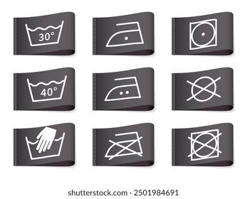 Black laundry labels. Textile washing instructions for cotton clothes, drying, bleaching, water temperature, ironing and cleaning. Care symbols with stitches. Vector isolated realistic set