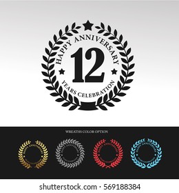 Black Laurel wreath Anniversary.12 years anniversary. With  wreaths color option. Vector illustration